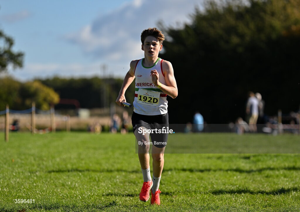 18 October 2026; Tom Keogh of Limerick AC A, crosses the line to win the U14 4x500m Mixed Relay  during the Autumn Open Cross Country International at the Sport Ireland Campus in Dublin. Photo by Sam Barnes/Sportsfile