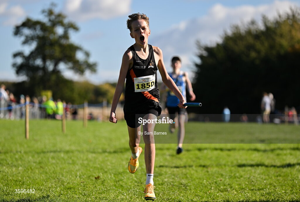 18 October 2026; Max Bamford of Clonliffe Harriers AC A, Dublin, celebrates finishing second in the U14 4x500m Mixed Relay during the Autumn Open Cross Country International at the Sport Ireland Campus in Dublin. Photo by Sam Barnes/Sportsfile