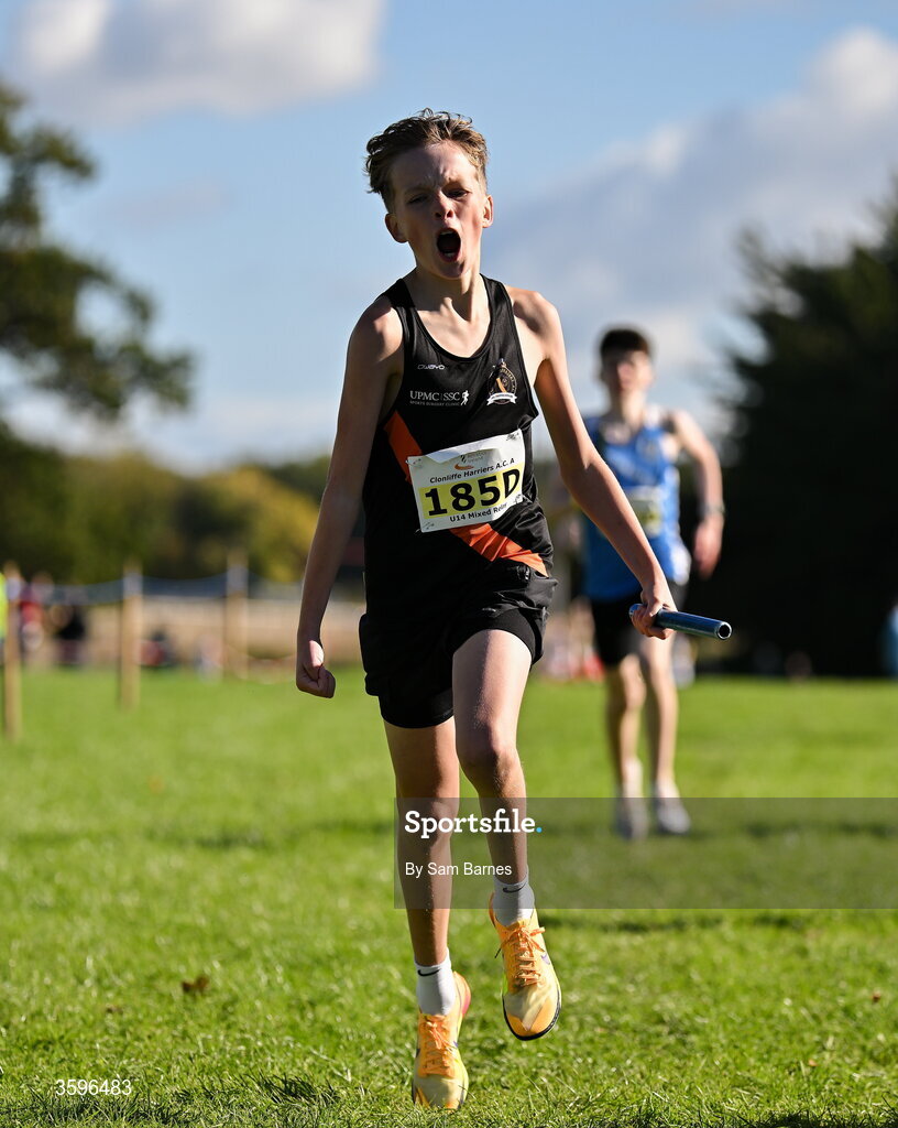 18 October 2026; Max Bamford of Clonliffe Harriers AC A, Dublin, celebrates finishing second in the U14 4x500m Mixed Relay during the Autumn Open Cross Country International at the Sport Ireland Campus in Dublin. Photo by Sam Barnes/Sportsfile