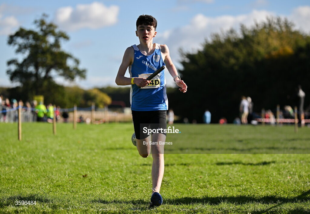 18 October 2026; Luke Duffy of Claremorris AC, Mayo, crosses the line to finish third in the U14 4x500m Mixed Relay during the Autumn Open Cross Country International at the Sport Ireland Campus in Dublin. Photo by Sam Barnes/Sportsfile