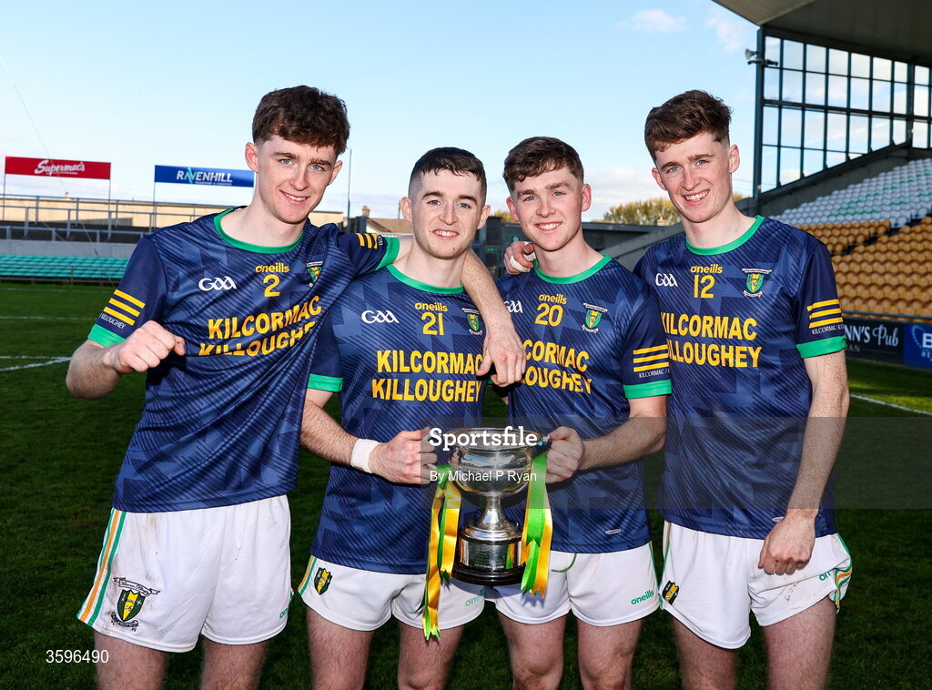 18 October 2026; Kilcormac - Killoughey brothers, Brecon, Lochlann, Alex and Leigh Kavanagh celebrate with the Sean Robbins Cup after the Offaly County Senior Club Hurling Championship final match between Kilcormac - Killoughey and Ballinamerey at Glenisk O'Connor Park in Tullamore, Offaly. Photo by Michael P Ryan/Sportsfile
