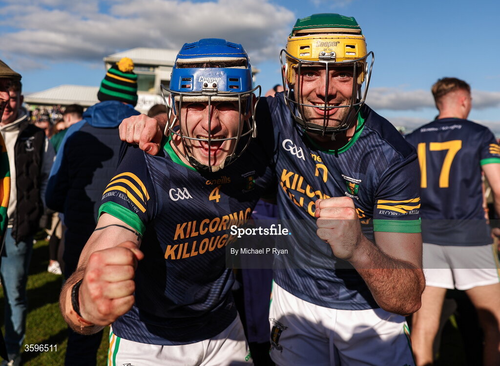 18 October 2026; James Mahon, left, and Daniel Hand of Kilcormac-Killoughey celebrate after the Offaly County Senior Club Hurling Championship final match between Kilcormac - Killoughey and Ballinamerey at Glenisk O'Connor Park in Tullamore, Offaly. Photo by Michael P Ryan/Sportsfile