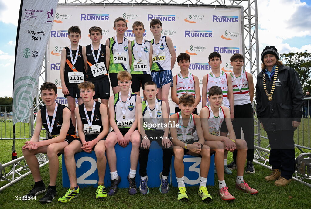 18 October 2026; Athletics Ireland President Brid Golden with U15 Boys 4x1000m Relay medallists, Moy Valley AC, Mayo, centre, gold, Clonliffe Harriers AC, Dublin, left, silver, and Limerick AC, right, bronze, during the Autumn Open Cross Country International at the Sport Ireland Campus in Dublin. Photo by Sam Barnes/Sportsfile