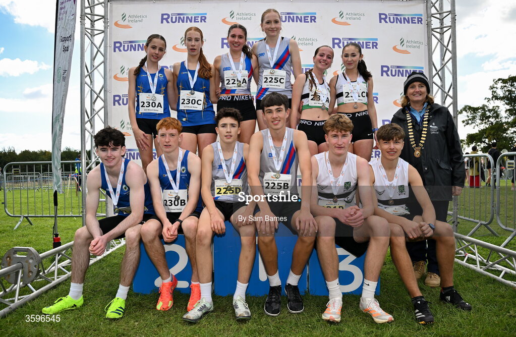 18 October 2026; Athletics Ireland President Brid Golden with U17 4x1000m Mixed Relay medallists, Dundrum South Dublin AC A, centre, gold, Longford AC, left, silver and Midleton AC A, Cork, right, bronze, during the Autumn Open Cross Country International at the Sport Ireland Campus in Dublin. Photo by Sam Barnes/Sportsfile