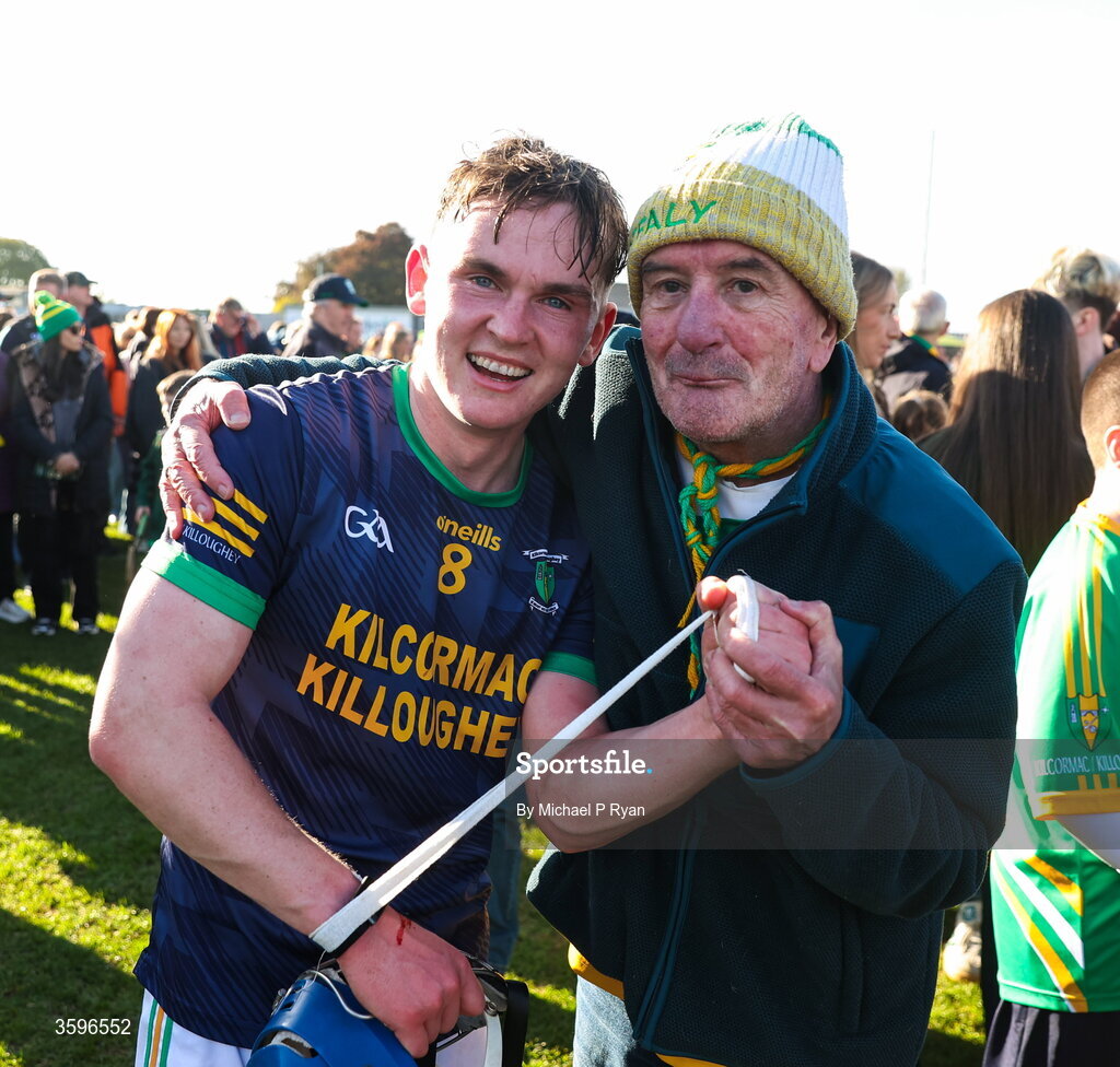 18 October 2026; Colin Spain of Kilcormac-Killoughey celebrates with a supportera after the Offaly County Senior Club Hurling Championship final match between Kilcormac - Killoughey and Ballinamerey at Glenisk O'Connor Park in Tullamore, Offaly. Photo by Michael P Ryan/Sportsfile