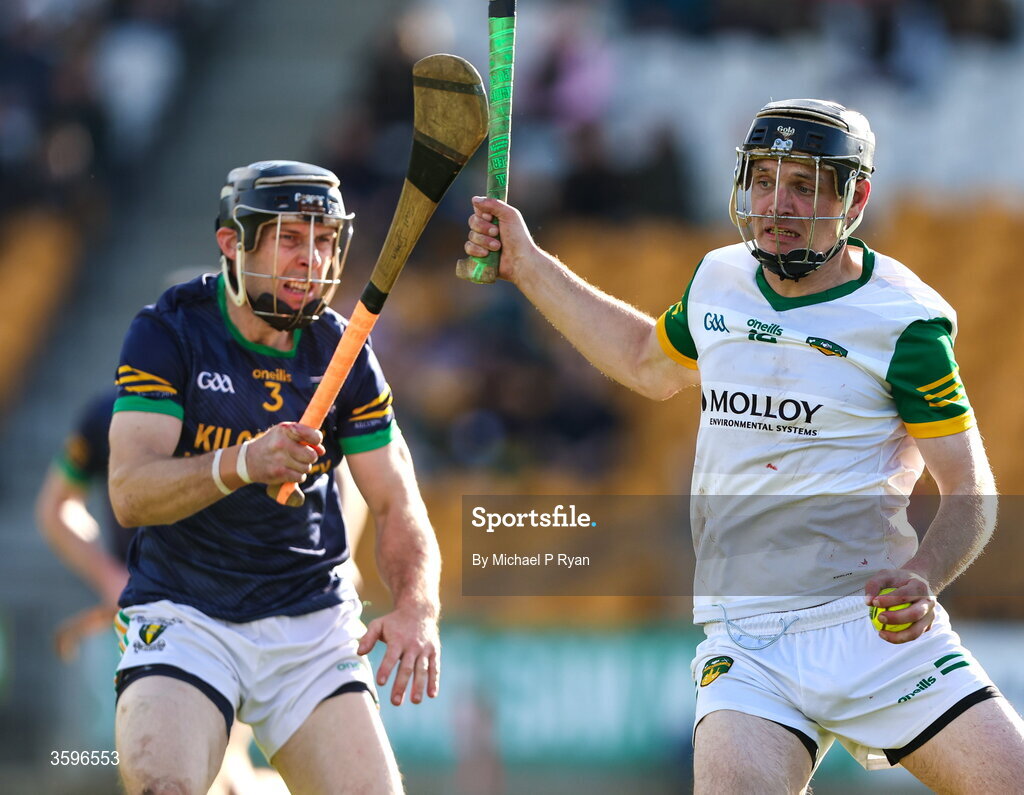 18 October 2026; Mike O'Brien of Ballinamere in action against Tom Spain of Kilcormac-Killoughey during the Offaly County Senior Club Hurling Championship final match between Kilcormac - Killoughey and Ballinamerey at Glenisk O'Connor Park in Tullamore, Offaly. Photo by Michael P Ryan/Sportsfile