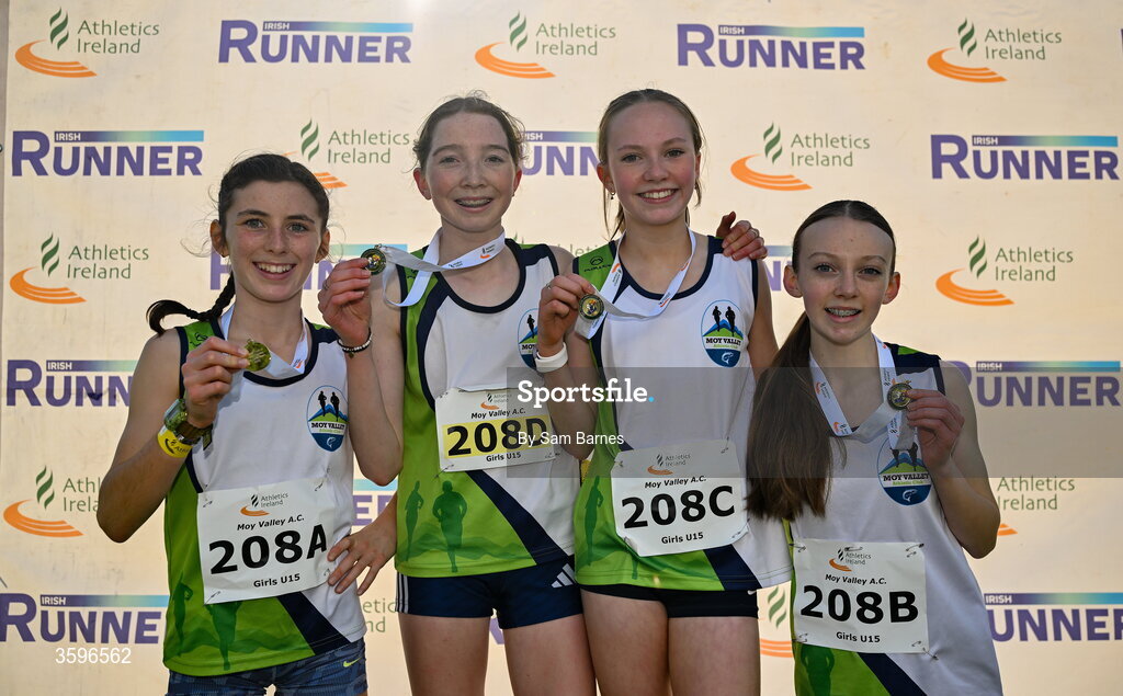 18 October 2026; The Moy Valley AC, Mayo, team, from left, Grace Tighe, Roxanne Sands, Holly Ginty and Niamh Devaney after winning the U15 Girls 4x1000m Relay during the Autumn Open Cross Country International at the Sport Ireland Campus in Dublin. Photo by Sam Barnes/Sportsfile