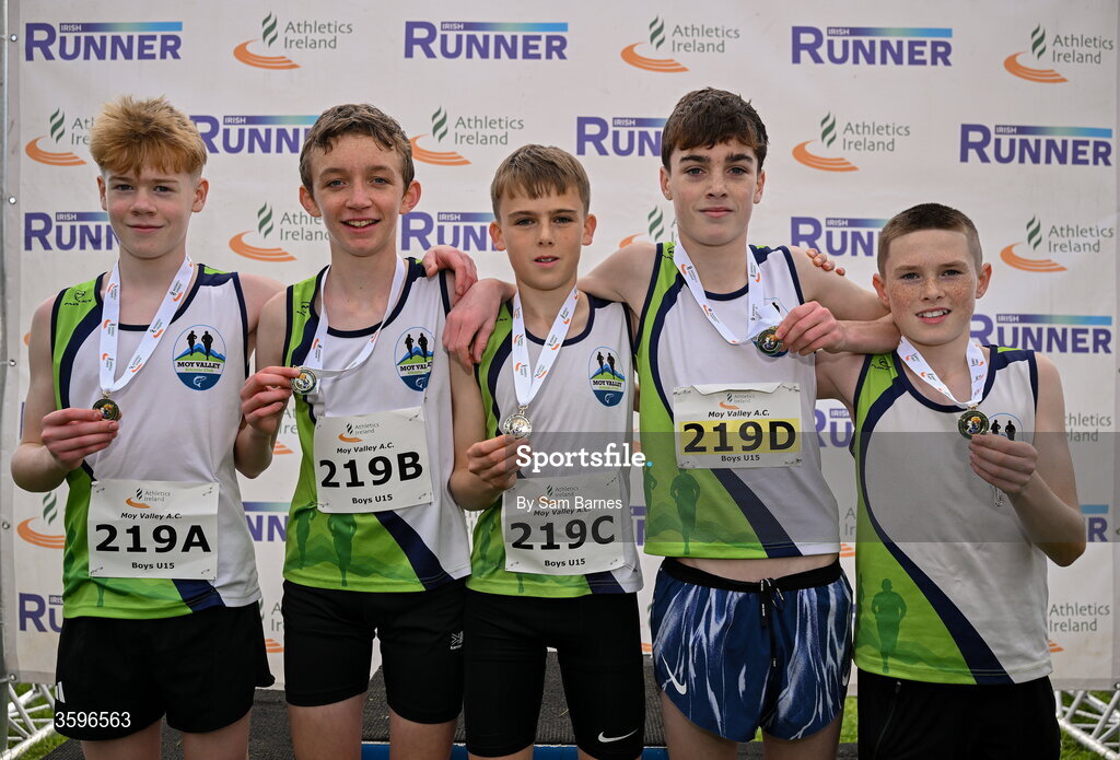 18 October 2026; The Moy Valley AC team, from left, Ruairi Reynolds, Sean Monaghan, Daniel Gallagher, Darragh McHale and Cian McDonnell  after winning the U15 Boys 4x1000m Relay during the Autumn Open Cross Country International at the Sport Ireland Campus in Dublin. Photo by Sam Barnes/Sportsfile