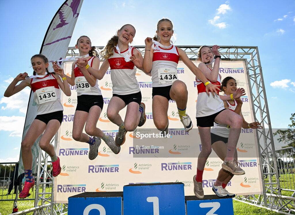 18 October 2026; The Galway City Harriers AC, team, from left, Matilda McGlynn, Katie McGlynn, Thea Lynch, Elliana Magnetti, Alva Graha and, Maneli Fazeli after winning the U13 Girls 4x500m Relay during the Autumn Open Cross Country International at the Sport Ireland Campus in Dublin. Photo by Sam Barnes/Sportsfile