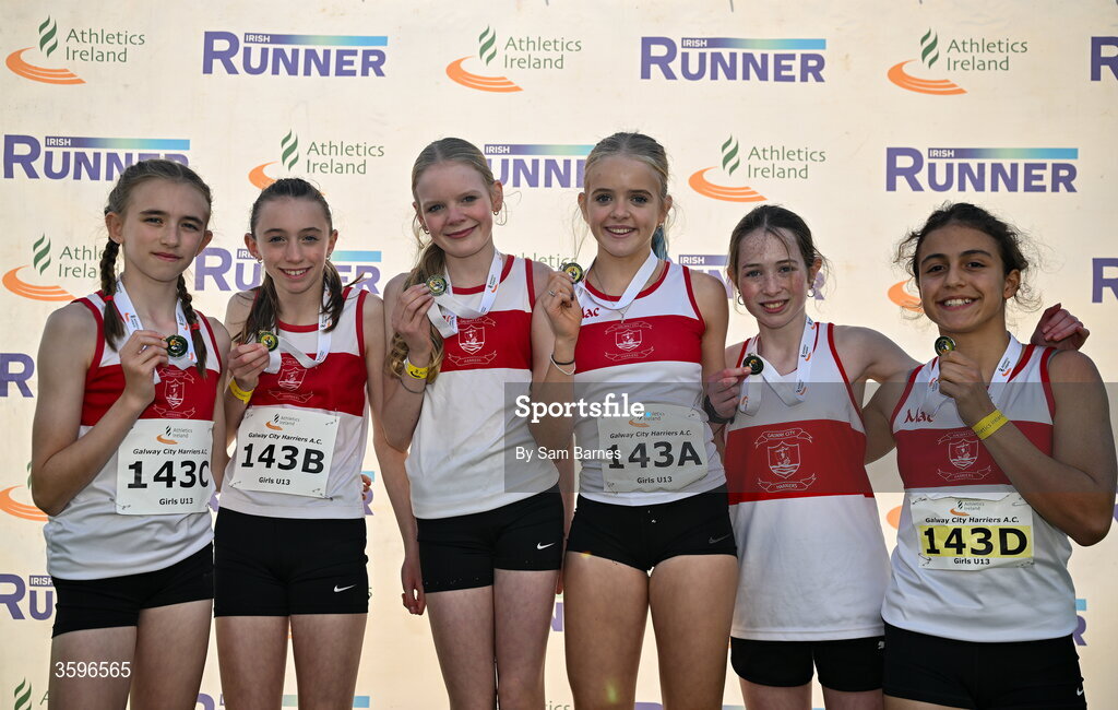 18 October 2026; The Galway City Harriers AC, team, from left, Matilda McGlynn, Katie McGlynn, Thea Lynch, Elliana Magnetti, Alva Graha and, Maneli Fazeli after winning the U13 Girls 4x500m Relay during the Autumn Open Cross Country International at the Sport Ireland Campus in Dublin. Photo by Sam Barnes/Sportsfile