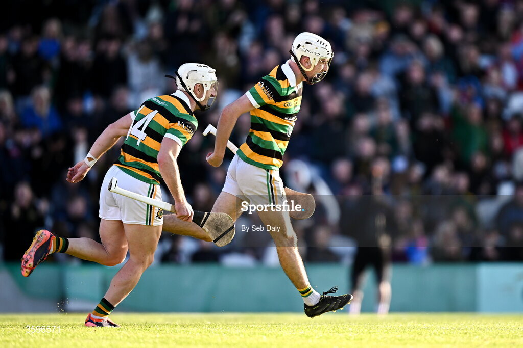 18 October 2026; Eoin O’Leary of Glen Rovers, right, celebrates with teammate Patrick Horgan after scoring their side's first goal during the Cork County Premier Senior Club Hurling Championship final match between Glen Rovers and St Finbarr's at SuperValu Páirc Uí Chaoimh in Cork. Photo by Seb Daly/Sportsfile