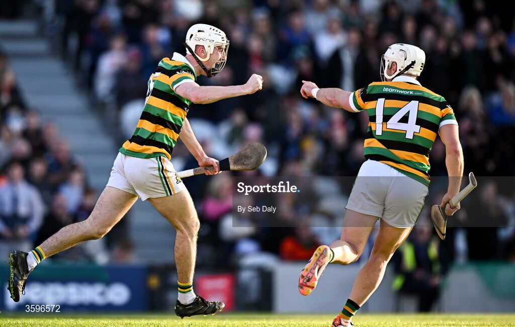 18 October 2026; Eoin O’Leary of Glen Rovers, left, celebrates with teammate Patrick Horgan after scoring their side's first goal during the Cork County Premier Senior Club Hurling Championship final match between Glen Rovers and St Finbarr's at SuperValu Páirc Uí Chaoimh in Cork. Photo by Seb Daly/Sportsfile