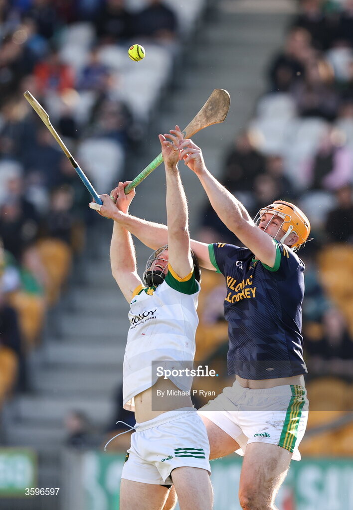 18 October 2026; Mike O'Brien of Ballinamere in action against Cillian Kiely of Kilcormac-Killoughey during the Offaly County Senior Club Hurling Championship final match between Kilcormac - Killoughey and Ballinamerey at Glenisk O'Connor Park in Tullamore, Offaly. Photo by Michael P Ryan/Sportsfile