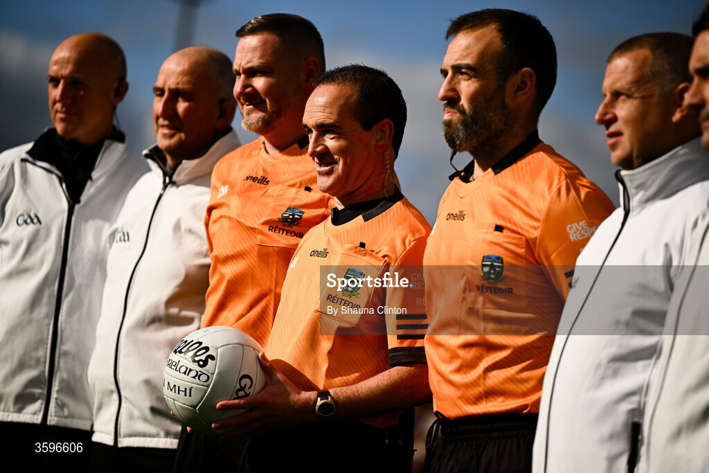 18 October 2026; Referee David Coldrick, centre, with his match officials before the Meath County Senior Club Football Championship final match between Wolfe Tones and Donaghmore/ Ashbourne at Donaghmore-Ashbourne GAA Club in Ashbourne, Meath. Photo by Shauna Clinton/Sportsfile