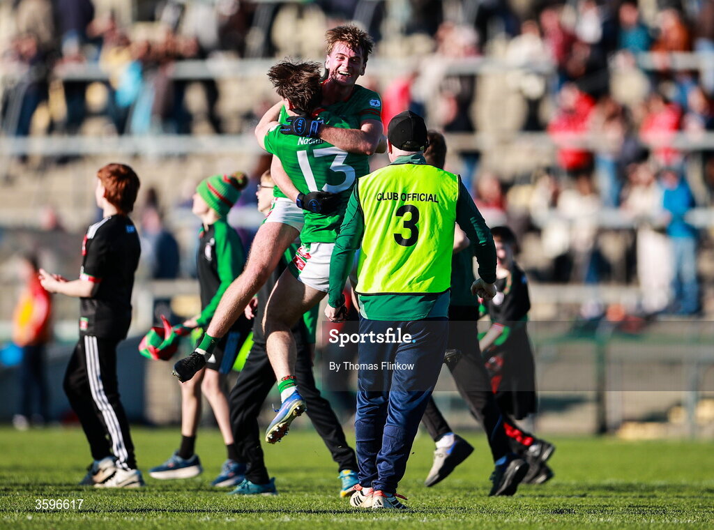 18 October 2026; Ben O'Carroll of St Brigid's celebrates with teammate Charlie O'Carroll at the final whistle in the Roscommon County Senior Club Football Championship final match between Pádraig Pearses and St Brigid's at King & Moffatt Dr Hyde Park in Roscommon. Photo by Thomas Flinkow/Sportsfile