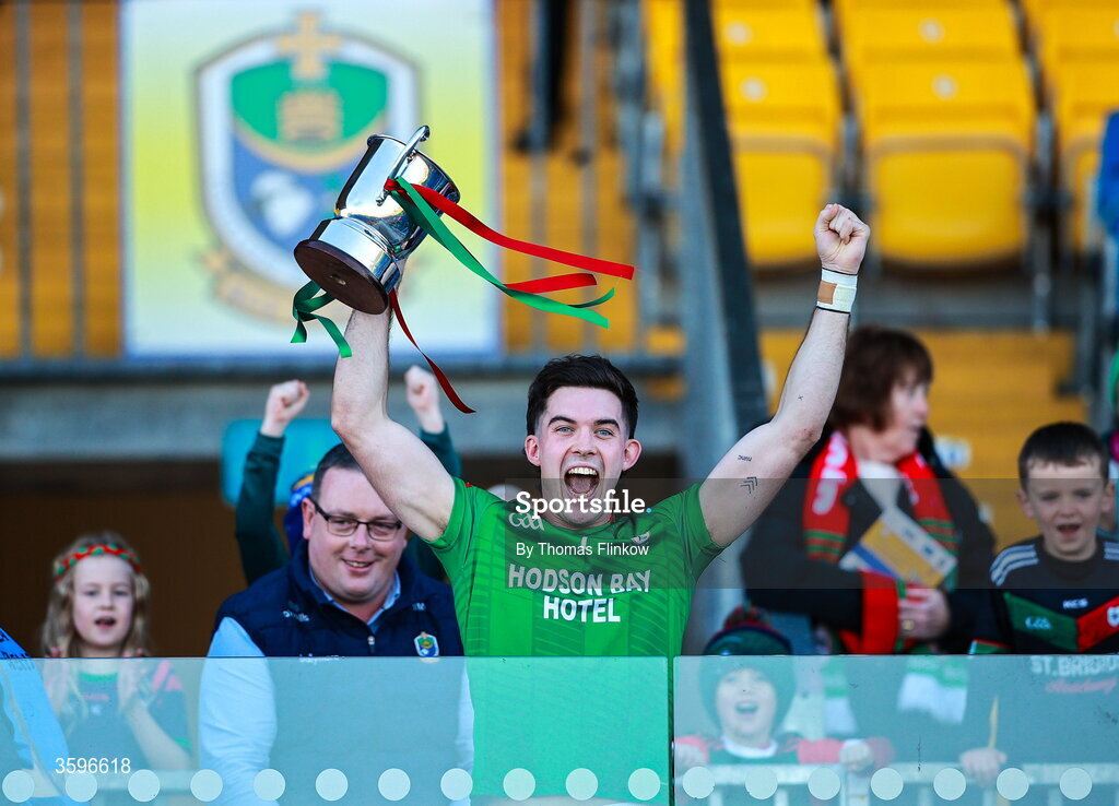 18 October 2026; Ruaidhri Fallon celebrates with the trophy after the Roscommon County Senior Club Football Championship final match between Pádraig Pearses and St Brigid's at King & Moffatt Dr Hyde Park in Roscommon. Photo by Thomas Flinkow/Sportsfile