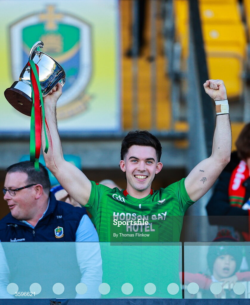 18 October 2026; Ruaidhri Fallon celebrates with the trophy after the Roscommon County Senior Club Football Championship final match between Pádraig Pearses and St Brigid's at King & Moffatt Dr Hyde Park in Roscommon. Photo by Thomas Flinkow/Sportsfile