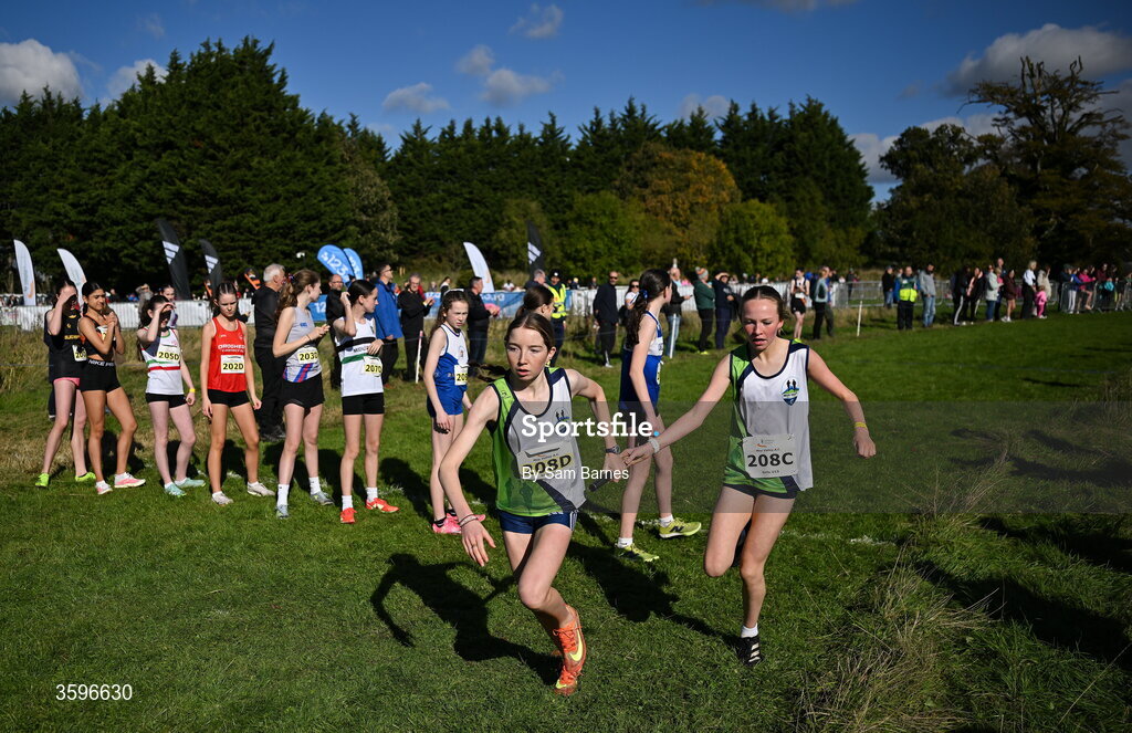 18 October 2026; Athletes from Moy Valley AC, Mayo, competing in the U15 Girls 4x1000m Relay during the Autumn Open Cross Country International at the Sport Ireland Campus in Dublin. Photo by Sam Barnes/Sportsfile