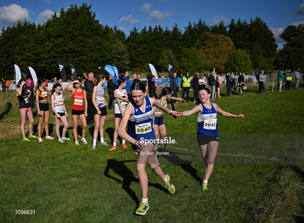 18 October 2026; Athletes from Finn Valley AC, Donegal, competing in the U15 Girls 4x1000m Relay during the Autumn Open Cross Country International at the Sport Ireland Campus in Dublin. Photo by Sam Barnes/Sportsfile