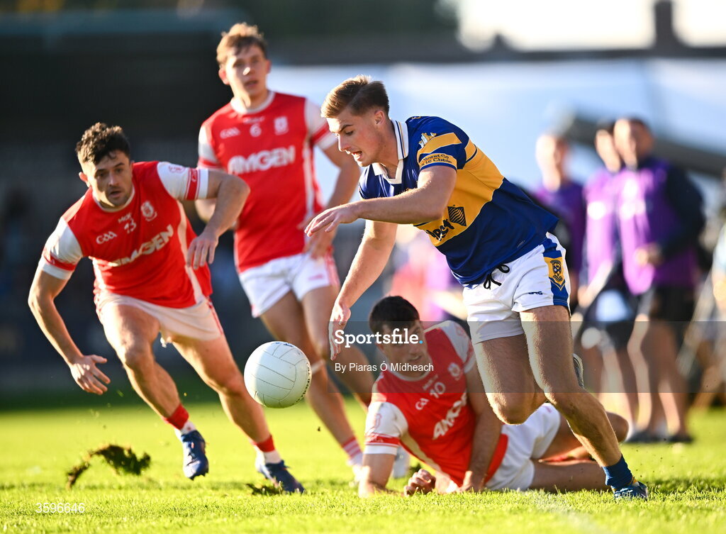 18 October 2026; Dylan Clarke of Castleknock gets away from Cillian Dunne of Cuala during the PTSB Dublin County Senior Club Football Championship final match between Castleknock and Cuala at Parnell Park in Dublin. Photo by Piaras Ó Mídheach/Sportsfile