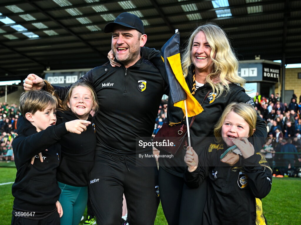 18 October 2026; Crossmaglen Rangers manager Shane Lennon and his family celebrate after his side's win in the Armagh County Senior Club Football Championship final match between Killeavy St Moninna and Crossmaglen Rangers at BOX-IT Athletic Grounds in Armagh. Photo by Mark Kavanagh/Sportsfile