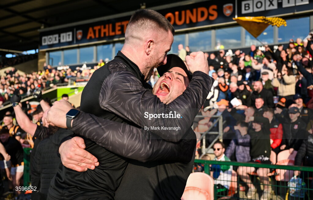 18 October 2026; Crossmaglen Rangers manager Shane Lennon, right, and Crossmaglen Rangers coach Gerry Seaver celebrate after their side's win in the Armagh County Senior Club Football Championship final match between Killeavy St Moninna and Crossmaglen Rangers at BOX-IT Athletic Grounds in Armagh. Photo by Mark Kavanagh/Sportsfile