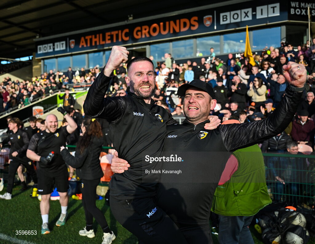 18 October 2026; Crossmaglen Rangers manager Shane Lennon, right, and Crossmaglen Rangers coach Gerry Seaver celebrate after their side's win in the Armagh County Senior Club Football Championship final match between Killeavy St Moninna and Crossmaglen Rangers at BOX-IT Athletic Grounds in Armagh. Photo by Mark Kavanagh/Sportsfile