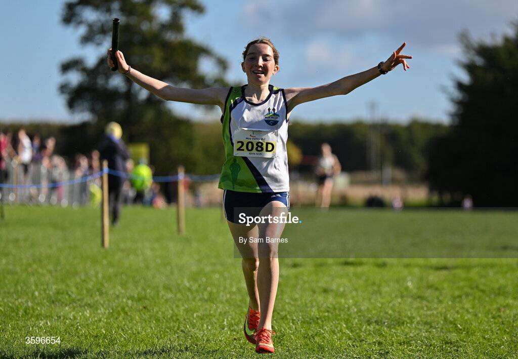 18 October 2026; Roxanne Sands of Moy Valley AC, Mayo, celebrates winning the U15 Girls 4x1000m Relay during the Autumn Open Cross Country International at the Sport Ireland Campus in Dublin. Photo by Sam Barnes/Sportsfile