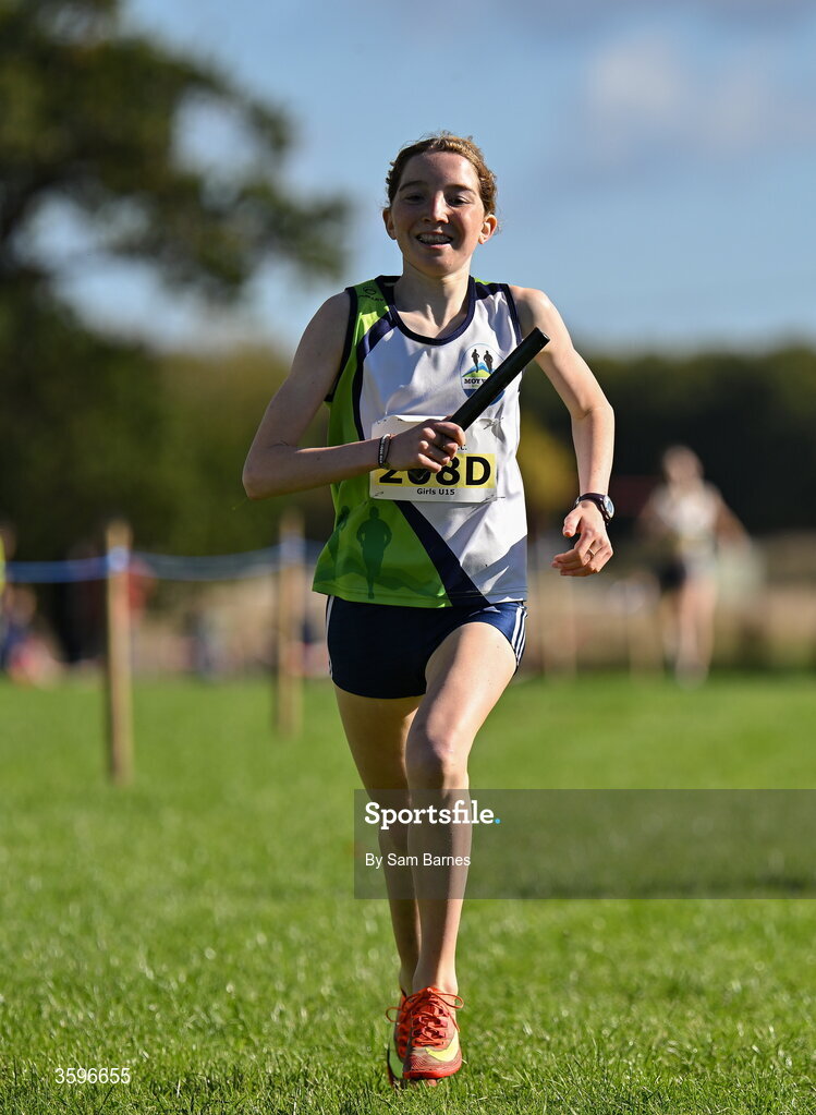 18 October 2026; Roxanne Sands of Moy Valley AC, Mayo, on her way to winning the U15 Girls 4x1000m Relay during the Autumn Open Cross Country International at the Sport Ireland Campus in Dublin. Photo by Sam Barnes/Sportsfile