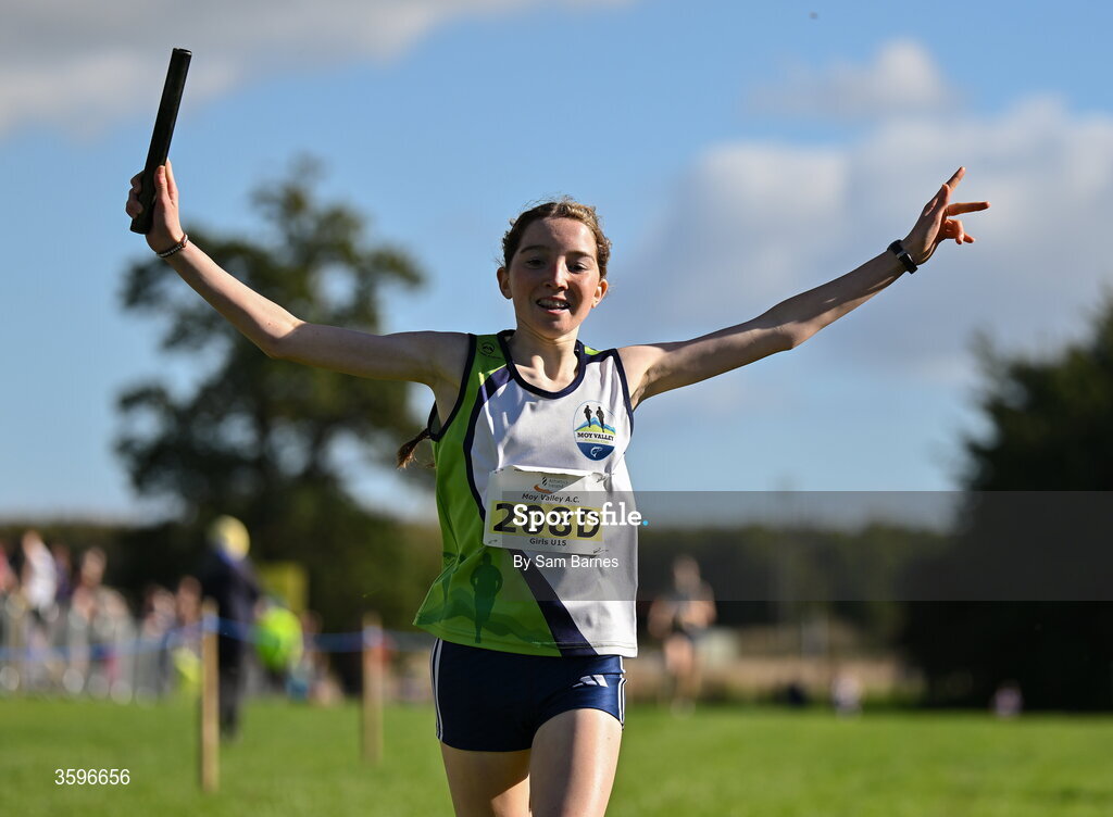 18 October 2026; Roxanne Sands of Moy Valley AC, Mayo, celebrates winning the U15 Girls 4x1000m Relay during the Autumn Open Cross Country International at the Sport Ireland Campus in Dublin. Photo by Sam Barnes/Sportsfile