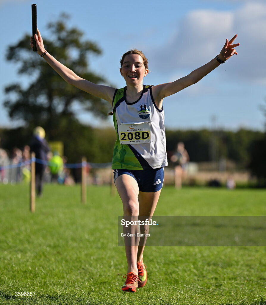 18 October 2026; Roxanne Sands of Moy Valley AC, Mayo, celebrates winning the U15 Girls 4x1000m Relay during the Autumn Open Cross Country International at the Sport Ireland Campus in Dublin. Photo by Sam Barnes/Sportsfile