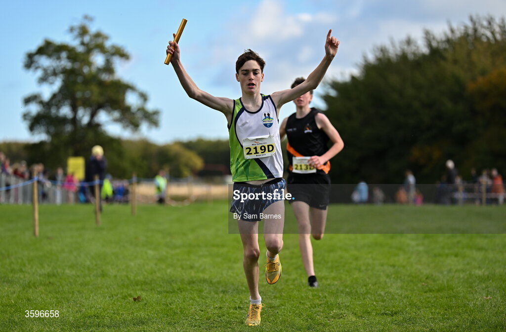 18 October 2026; Darragh McHale of Moy Valley AC, Mayo, celebrates winning the U15 Boys 4x1000m Relay during the Autumn Open Cross Country International at the Sport Ireland Campus in Dublin. Photo by Sam Barnes/Sportsfile