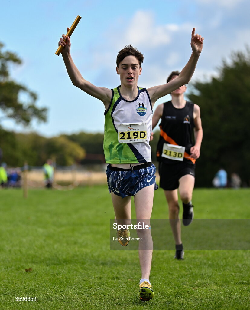 18 October 2026; Darragh McHale of Moy Valley AC, Mayo, celebrates winning the U15 Boys 4x1000m Relay during the Autumn Open Cross Country International at the Sport Ireland Campus in Dublin. Photo by Sam Barnes/Sportsfile