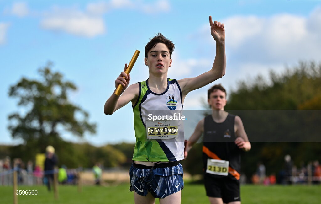 18 October 2026; Darragh McHale of Moy Valley AC, Mayo, celebrates winning the U15 Boys 4x1000m Relay during the Autumn Open Cross Country International at the Sport Ireland Campus in Dublin. Photo by Sam Barnes/Sportsfile