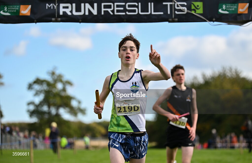 18 October 2026; Darragh McHale of Moy Valley AC, Mayo, celebrates winning the U15 Boys 4x1000m Relay during the Autumn Open Cross Country International at the Sport Ireland Campus in Dublin. Photo by Sam Barnes/Sportsfile