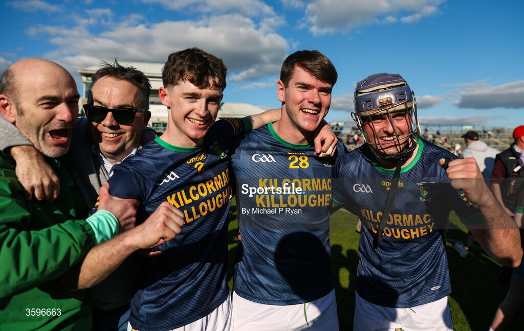 18 October 2026; Kilcormac - Killoughey players from left, Brecon Kavanagh, Karl Guinan, and Enda Grogan celebrate after the Offaly County Senior Club Hurling Championship final match between Kilcormac - Killoughey and Ballinamerey at Glenisk O'Connor Park in Tullamore, Offaly. Photo by Michael P Ryan/Sportsfile