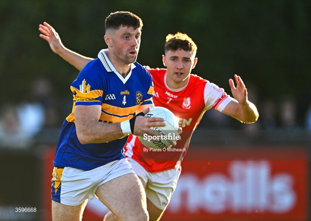 18 October 2026; Tom Quinn of Castleknock in action against David O’Dowd of Cuala during the PTSB Dublin County Senior Club Football Championship final match between Castleknock and Cuala at Parnell Park in Dublin. Photo by Piaras Ó Mídheach/Sportsfile
