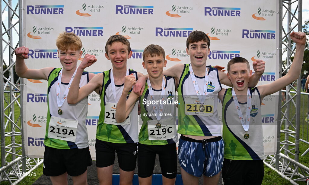 18 October 2026; The Moy Valley AC team, from left, Ruairi Reynolds, Sean Monaghan, Daniel Gallagher, Darragh McHale and Cian McDonnell  after winning the U15 Boys 4x1000m Relay during the Autumn Open Cross Country International at the Sport Ireland Campus in Dublin. Photo by Sam Barnes/Sportsfile