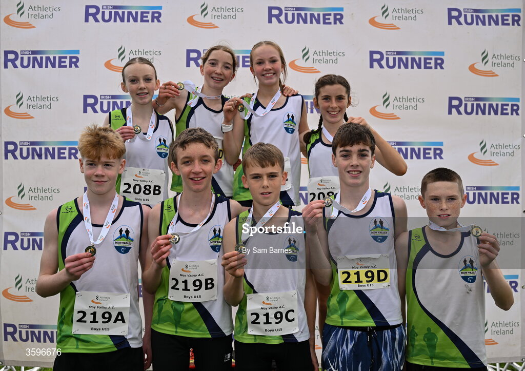 18 October 2026; The Moy Valley AC teams, back row from left, Niamh Devaney, Roxanne Sands, Holly Ginty and Grace Tighe after winning the U15 Girls 4x1000m Relay, and front row Ruairi Reynolds, Sean Monaghan, Daniel Gallagher, Darragh McHale and Cian McDonnell after winning the U15 Boys 4x1000m Relay, during the Autumn Open Cross Country International at the Sport Ireland Campus in Dublin. Photo by Sam Barnes/Sportsfile