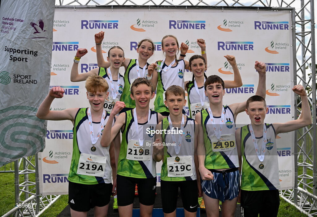 18 October 2026; The Moy Valley AC teams, back row from left, Niamh Devaney, Roxanne Sands, Holly Ginty and Grace Tighe after winning the U15 Girls 4x1000m Relay, and front row Ruairi Reynolds, Sean Monaghan, Daniel Gallagher, Darragh McHale and Cian McDonnell after winning the U15 Boys 4x1000m Relay, during the Autumn Open Cross Country International at the Sport Ireland Campus in Dublin. Photo by Sam Barnes/Sportsfile