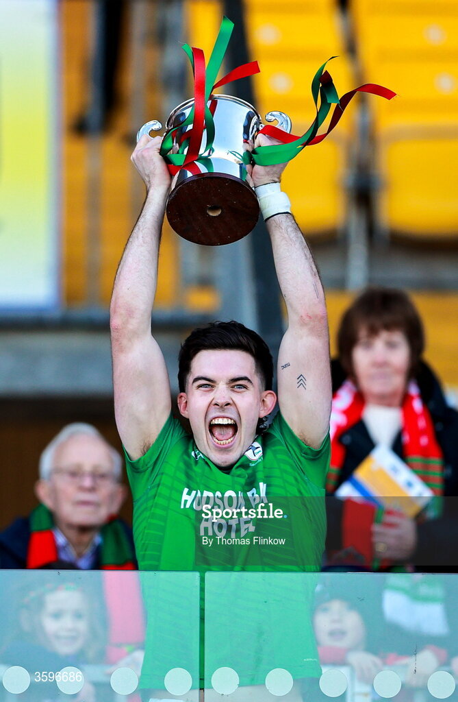 18 October 2026; Ruaidhri Fallon lifts the trophy after the Roscommon County Senior Club Football Championship final match between Pádraig Pearses and St Brigid's at King & Moffatt Dr Hyde Park in Roscommon. Photo by Thomas Flinkow/Sportsfile
