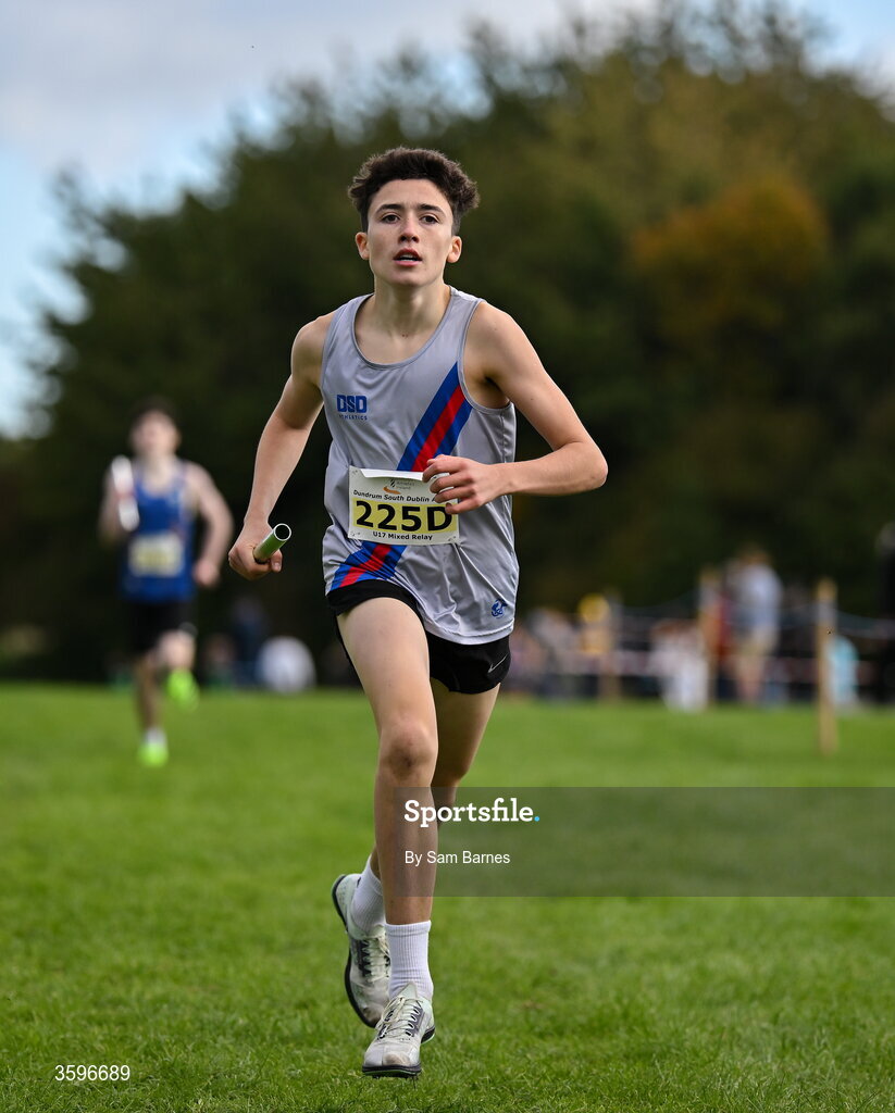 18 October 2026; Ethan Brownhill of Dundrum South Dublin AC A, on his way to winning the U17 4x1000m Mixed Relay during the Autumn Open Cross Country International at the Sport Ireland Campus in Dublin. Photo by Sam Barnes/Sportsfile
