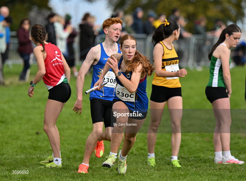 18 October 2026; Athletes from Longford AC competing in the U17 4x1000m Mixed Relay during the Autumn Open Cross Country International at the Sport Ireland Campus in Dublin. Photo by Sam Barnes/Sportsfile