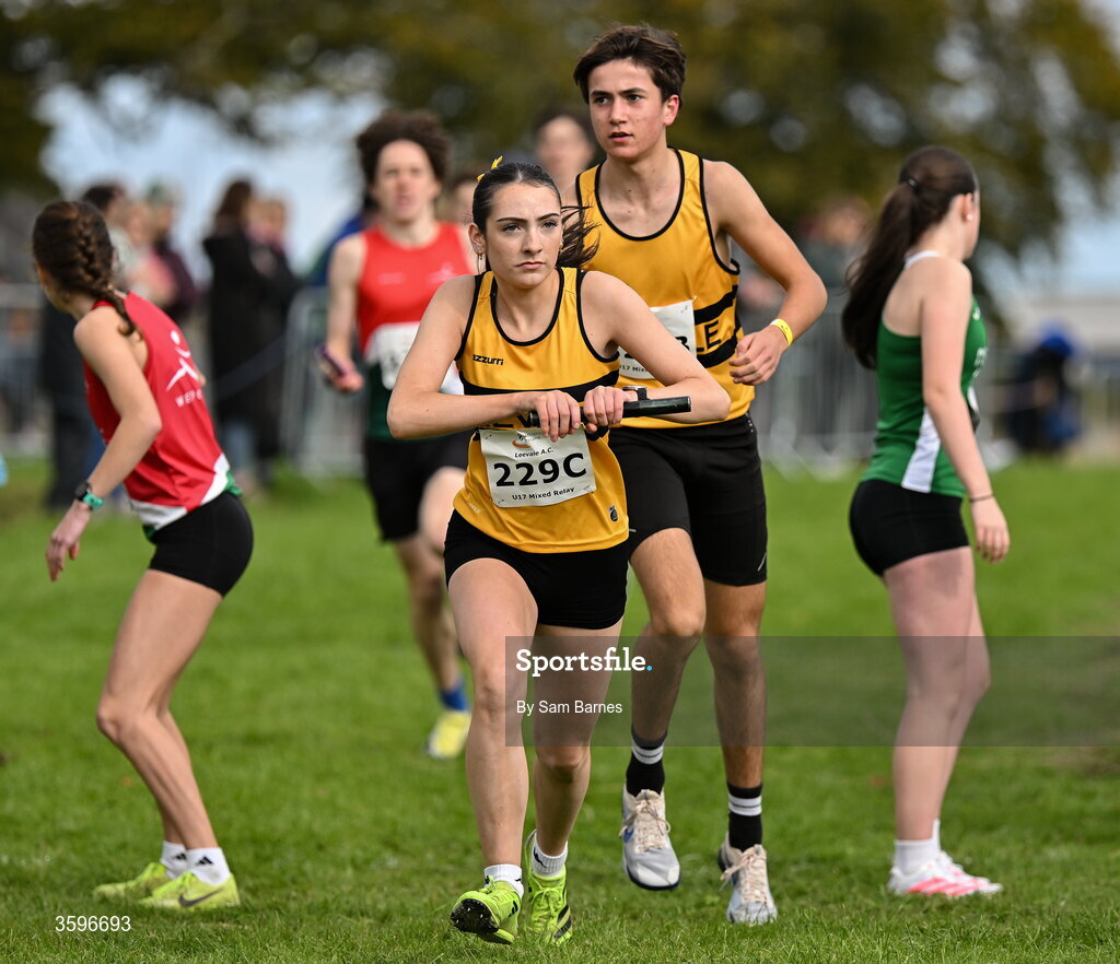 18 October 2026; Athletes from Leevale AC, Cork competing in the U17 4x1000m Mixed Relay during the Autumn Open Cross Country International at the Sport Ireland Campus in Dublin. Photo by Sam Barnes/Sportsfile