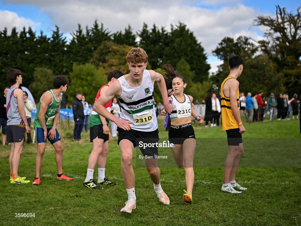 18 October 2026; Athletes from Midleton AC A, Cork, competing in the U17 4x1000m Mixed Relay during the Autumn Open Cross Country International at the Sport Ireland Campus in Dublin. Photo by Sam Barnes/Sportsfile