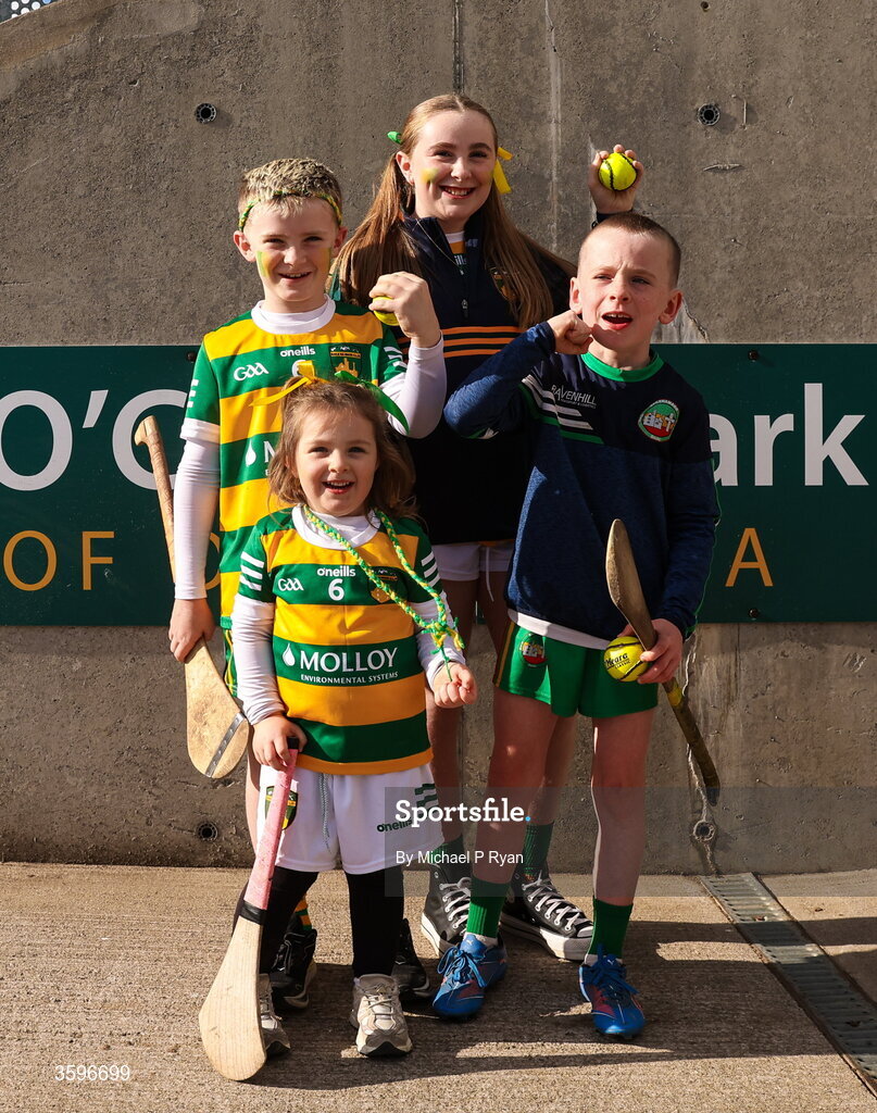 18 October 2026; Ballinamere supporters from left, Harry McDonald, Millie McDonald, Jack Troy, and Nellie McDonald before the Offaly County Senior Club Hurling Championship final match between Kilcormac - Killoughey and Ballinamerey at Glenisk O'Connor Park in Tullamore, Offaly. Photo by Michael P Ryan/Sportsfile