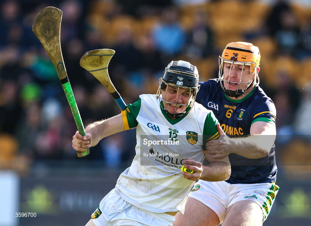18 October 2026; Mike O'Brien of Ballinamere in action against Cillian Kiely of Kilcormac-Killoughey during the Offaly County Senior Club Hurling Championship final match between Kilcormac - Killoughey and Ballinamerey at Glenisk O'Connor Park in Tullamore, Offaly. Photo by Michael P Ryan/Sportsfile