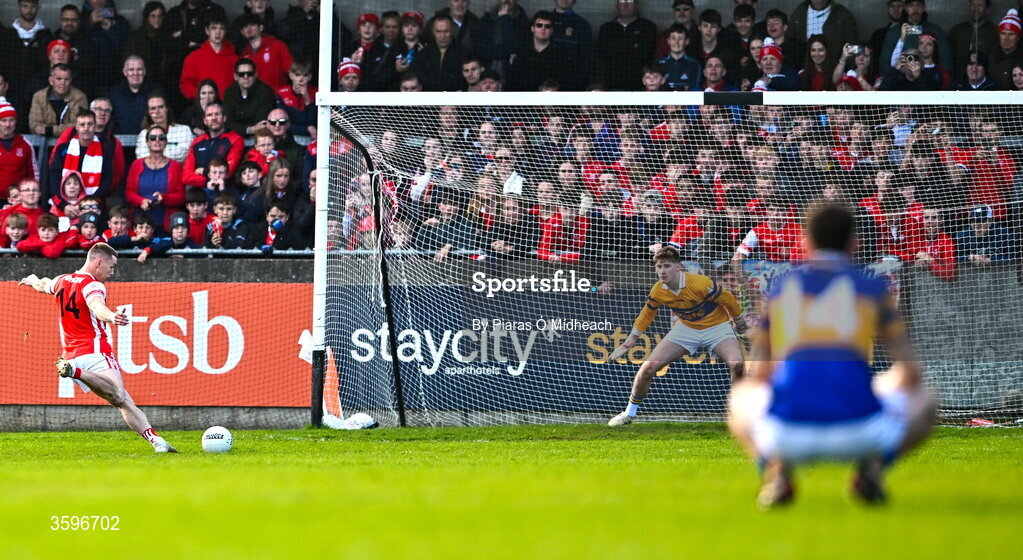 18 October 2026; Con O’Callaghan of Cuala shoots to score his side's first goal, a penalty, during the PTSB Dublin County Senior Club Football Championship final match between Castleknock and Cuala at Parnell Park in Dublin. Photo by Piaras Ó Mídheach/Sportsfile