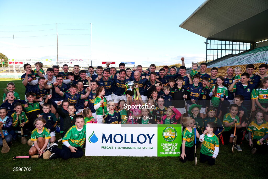 18 October 2026; Kilcormac - Killoughey players and young supporters celebrate after the Offaly County Senior Club Hurling Championship final match between Kilcormac - Killoughey and Ballinamerey at Glenisk O'Connor Park in Tullamore, Offaly. Photo by Michael P Ryan/Sportsfile