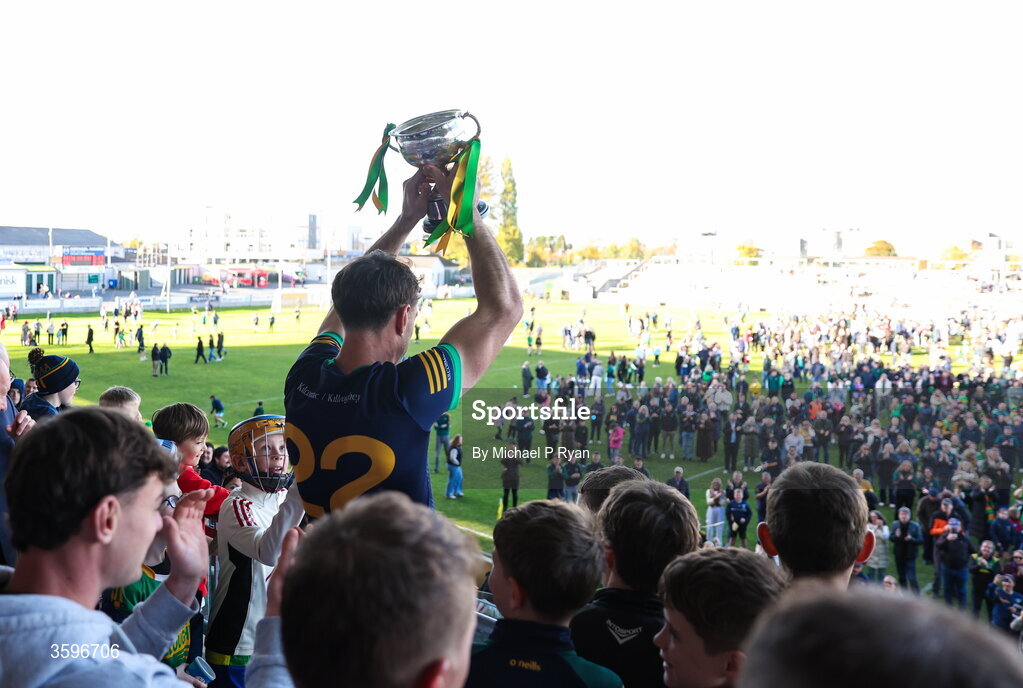 18 October 2026; Jordan Quinn of Kilcormac-Killoughey lifts the Sean Robbins Cup after the Offaly County Senior Club Hurling Championship final match between Kilcormac - Killoughey and Ballinamerey at Glenisk O'Connor Park in Tullamore, Offaly. Photo by Michael P Ryan/Sportsfile